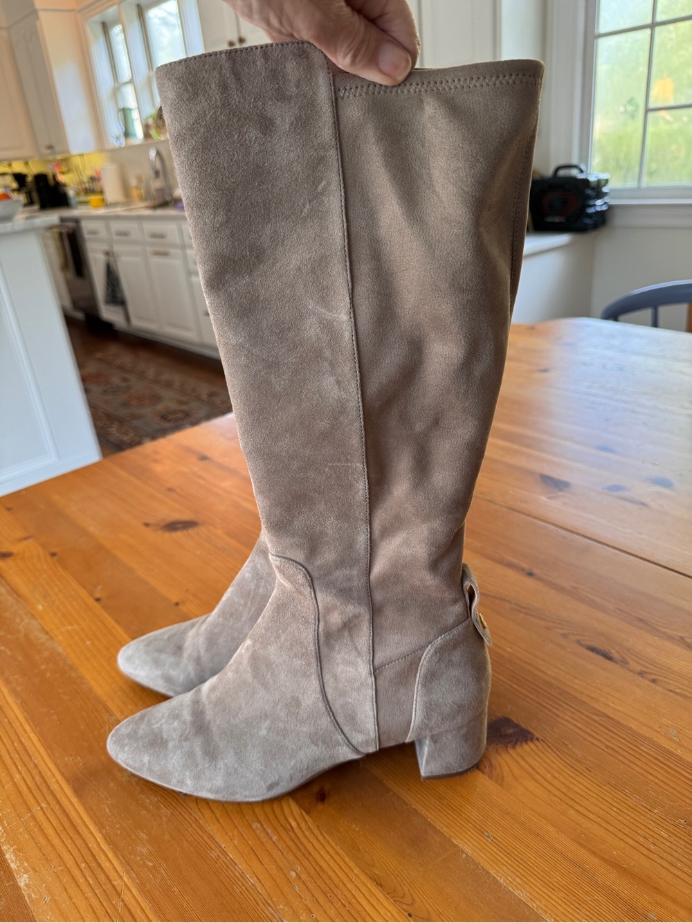 Cole Haan Taupe Suede Block Heel Boots, Like New